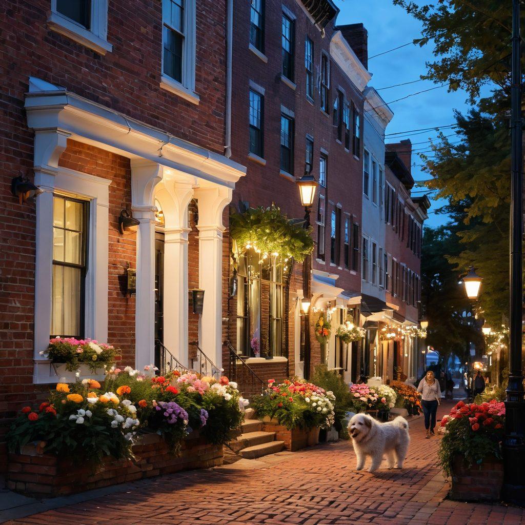 A cozy scene showcasing a charming street in Somerville, lined with elegant condos and quaint townhouses, each adorned with colorful flower boxes. A couple is walking hand-in-hand, with smiles, as a small dog playfully runs by. Dim twilight adds a romantic glow with twinkling fairy lights overhead. Include vintage lampposts casting warm light on brick sidewalks. painting. warm colors. whimsical atmosphere.