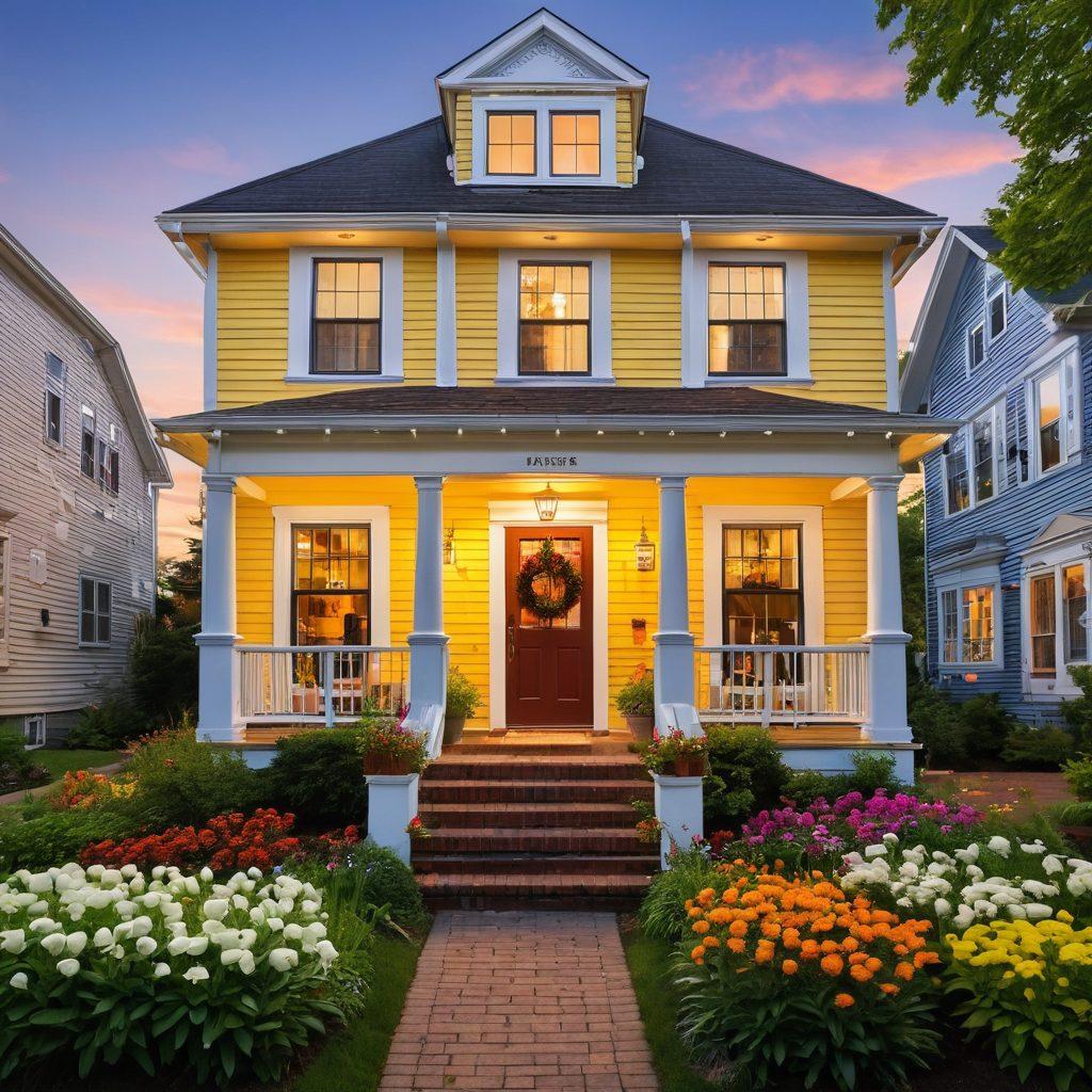 A cozy, inviting suburban home in Somerville with warm lighting glowing from the windows, surrounded by blooming flowers and greenery, showcasing a 'For Sale' sign in the front yard. A diverse group of happy families can be seen exploring the area, with a backdrop of quaint shops and cafes. The scene evokes a sense of community and affection, emphasizing the dream of homeownership. vibrant colors. super-realistic.