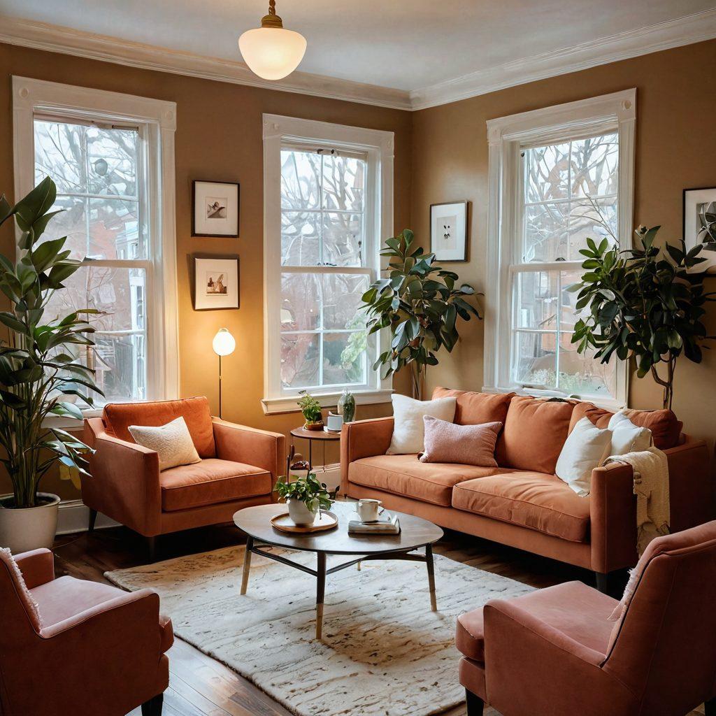 A cozy and inviting living space showcasing a blend of diverse architectural styles found in Somerville, such as Victorian, modern, and cozy apartments. Incorporate elements representing love, like a couple enjoying coffee together, plants, warm lighting, and personal touches like framed photos. A subtle heart shape could be formed by the furniture layout or plants. Capture this scene with soft, warm colors to evoke a feeling of comfort and romance. super-realistic. warm tones. soft lighting.